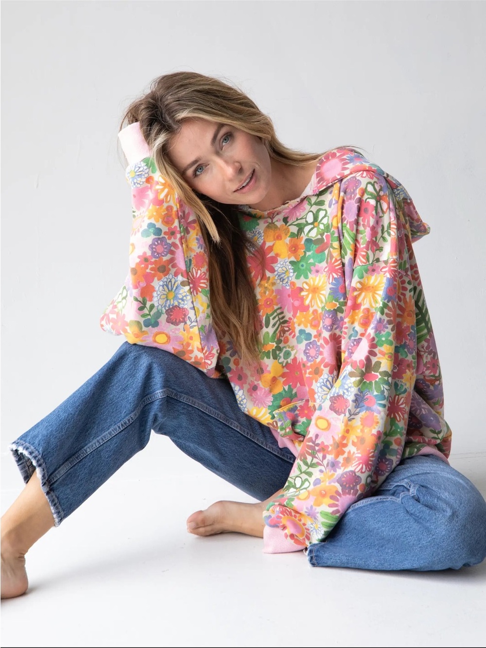 NATURAL LIFE Pink Multi Floral Pullover Hoodie